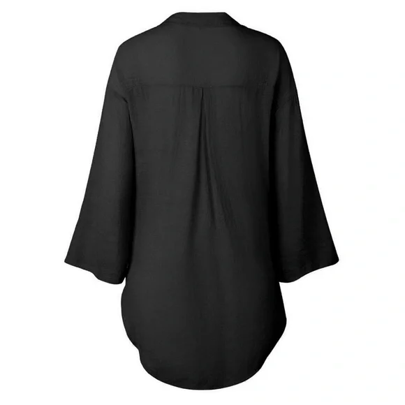 Black Summer Linen High Low Oversized Button Down Tee Size Medium - Picture 4 of 7